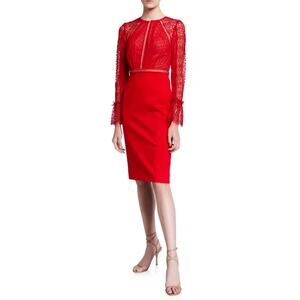 Catherine Deane Chiffon-Ponte Lace Cocktail Dress Size 4 Red Long-Sleeve